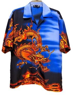 VTG Y2K Oscar Misa Fire Dragon Graphic Button Up Shirt Medium